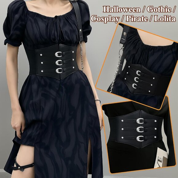 Women Corset Wide Stretch Waspie Elastic Waist Belt with Black Buckle Silver - Picture 6 of 6